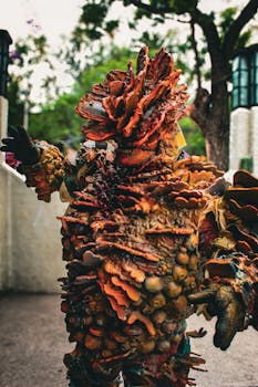 A detailed, colorful fantasy cosplay costume outdoors in Mexico City.