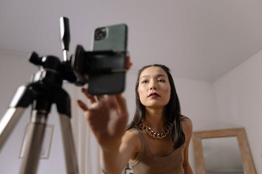 Asian woman setting up a smartphone on a tripod for vlogging indoors.