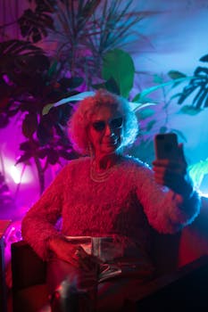 Chic senior lady with sunglasses takes a selfie in vibrant neon lighting with indoor plants.
