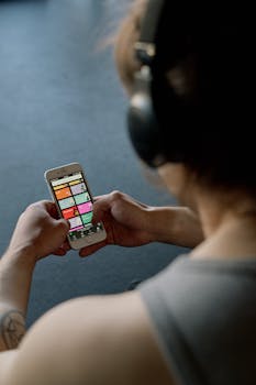 Close-up of a person with headphones browsing music playlists on a smartphone in the gym.