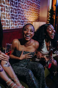 Joyful moment among friends enjoying drinks and laughter at a festive indoor party.