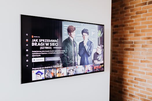 Smart TV displaying streaming content in modern living room setting with exposed brick wall.