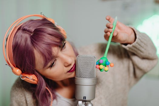 Woman using microphone for ASMR with colorful tool, indoors setting.